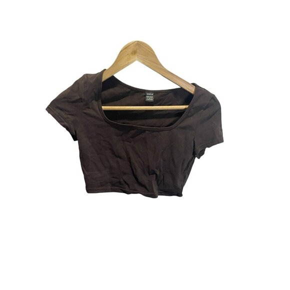 Shein Brown Crop Top S Square Neck Short Sleeve Stretch Casual - Picture 1 of 4